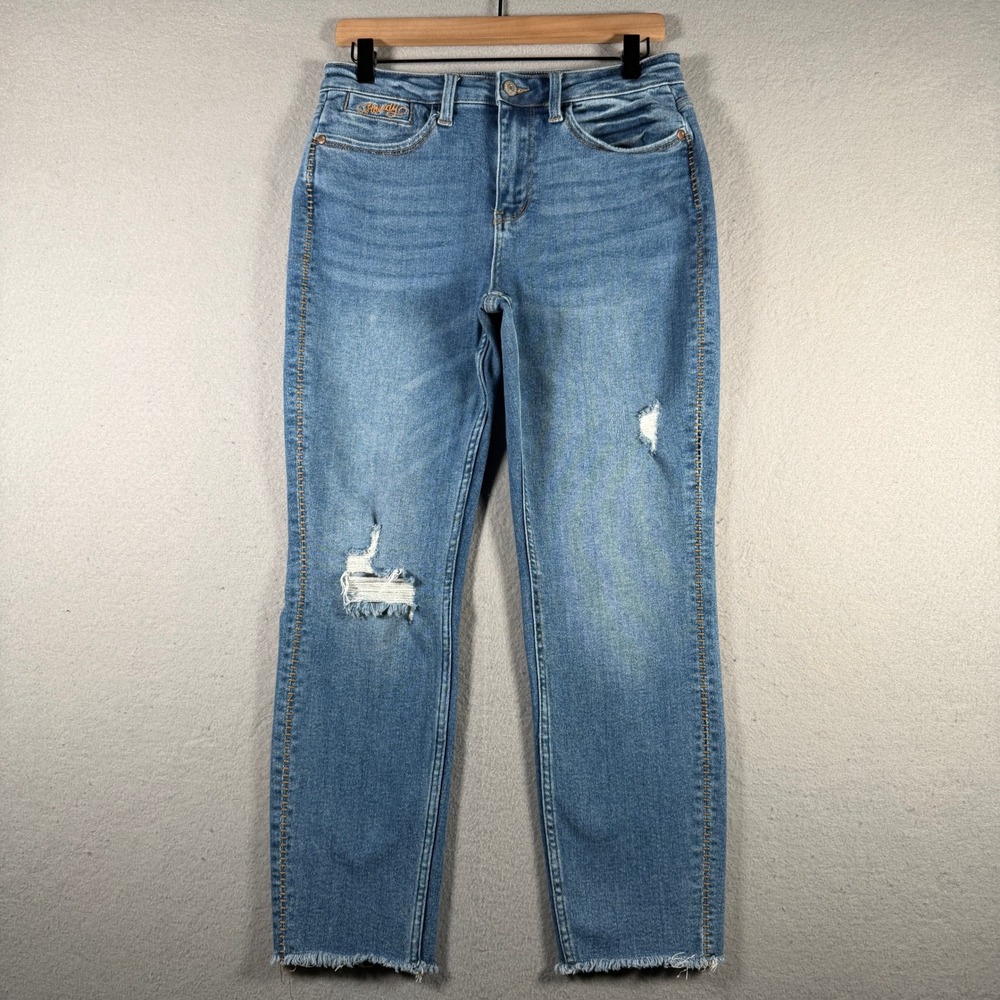 Judy Blue Boyfriend Fit Distressed Jeans Medium Wash Embroidered Hem 7/28